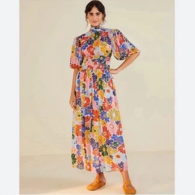 FARM Rio Sand Sunny Daisies Maxi Dress Smocked Waist Mock Neck Puff Sleeve L NWT - Image 1 of 4