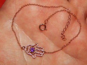18K ROSE GOLD AMETHYST HAMSA HAND BRACELET ADJUSTABLE BETWEEN 7 - 8.25 INCH - Picture 1 of 12