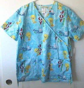 Looney Tunes Scrub Top Womens Medium M Joy to  World Tweety Bird Peace on Earth - Picture 1 of 4