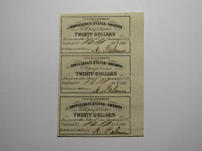 $20 1861 Confederate Bond Coupon Certificate Uncut Sheet Currency Bank Note Bill - Image 1 of 3