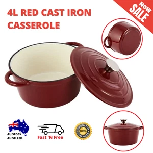 4L Red Cast Iron Casserole Round 24cm porcelain Enamel Pot Dutch Oven Pan - Picture 1 of 4