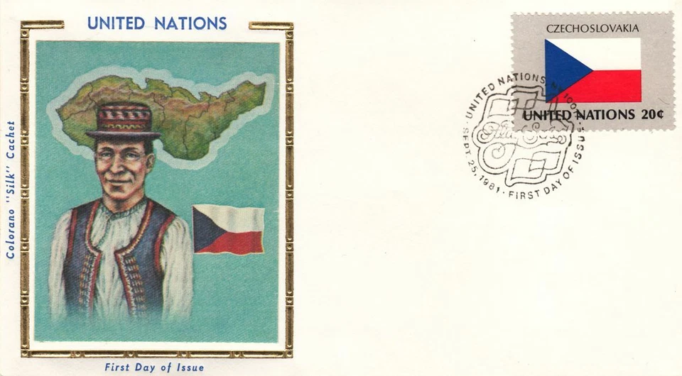 Checoslovaquia Disfraz Nacional Bandera Mapa ONU Como Nuevo Oro Folio Seda FDC Cachet 1981 Foto 1 de 1