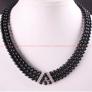 Genuine Natural 3 Rows 6mm Black Agate Round Gemstone Beads Necklace 17-19" - Picture 1 of 12