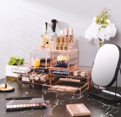 Elegant Stackable Makeup Organizer with 12 Drawers – Pink Acrylic Vanity Storage - Image 1 of 4