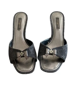Louis Vuitton Black Monogram Mule Sandal Heels Sz 35 1/2 - Picture 1 of 6