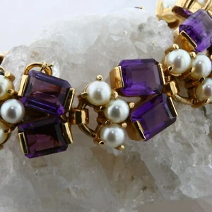 Vintage 14K Yellow Gold Amethyst and Pearl Bracelet 7" Length Circa 1960 * - Picture 1 of 11