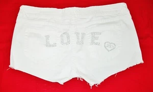 2b BEBE CUT OFF STYLE SILVER RHINESTONE BOOTY LOGO WHITE SHORT SHORTS STRETCHY 9 - Picture 1 of 16