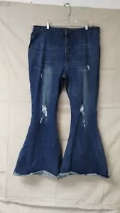 L&B Lucky & Blessed Womens Jeans High Rise Flare Raw Hem Distressed Blue 22 - Picture 1 of 10