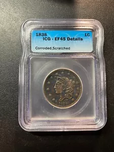 1838 CORONET HEAD LARGE CENT ICG XF-45 DETAILS - TYPE COIN - CERTIFIED SLAB - 1C - Picture 1 of 2