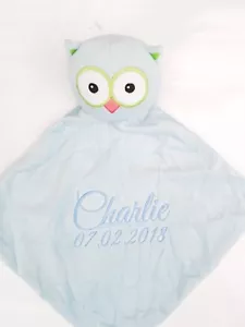 Personalised Baby Comforter snuggle Blanket,Cubbie BLUE OWL, New Baby birth Gift - Picture 1 of 2