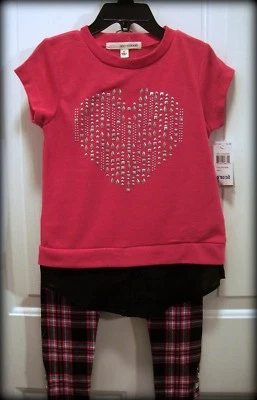 Nuevo con etiquetas Traje Pantalón Autoestima, Corazón Dorado, Top Rosa/Negro, Leggings a Cuadros, Para Niña Pequeño Foto 1 de 4