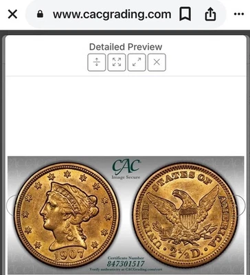 1907 年 2.50 美元自由女神头像 25 美分鹰 - CAC AU58 — 第 1/4 张图片