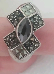 Antique Art Deco RING Sterling Silver 925 Garnet Marcasite ca. 1920 Size 9 ~ S6 - Picture 1 of 12