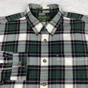 Eddie Bauer Flannel Shirt Mens Large Green/White Plaid Slim Fit Long Sleeves - Picture 1 of 10