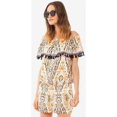 Traje de Juego Hale Bob OLGA Fuera del Hombro Borla Mameluco Boho Ikat Naranja S Nuevo con Etiquetas $194 Foto 1 de 4