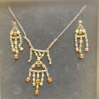 Czechoslovakian Amber Glass Necklace and Ear Rings Set.
