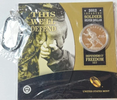 2012 W Infantry Army Soldier Silver Dollar Coin & Dog Tags Defenders of Freedom - Image 1 of 4