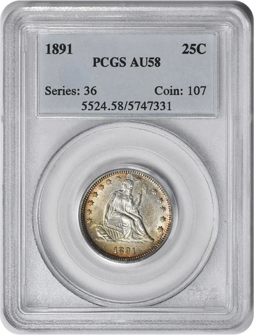 1891 Liberty Seated Silver Quarter AU58 PCGS Cover