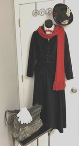 Wmn 6 Mary Poppins Costume Upcycle Jacket Skirt Blouse Bow Hat Scarf Tote Gloves - Picture 1 of 16