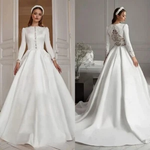 Elegant Muslim Wedding Dresses O-Neck Long Sleeves Satin Appliques Bridal Gowns - Picture 1 of 8