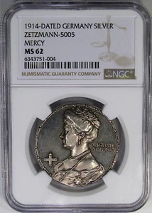 1914 GERMANY "MERCY" SILVER MEDAL NGC MS62 ~ CAMEO PROOF? VIDEO ADDED! - Picture 1 of 4