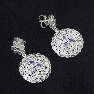 Scaglia Polki Diamante Orecchini 925 Argento Sterling Ametista Regalo per Lei - Immagine 1 di 3