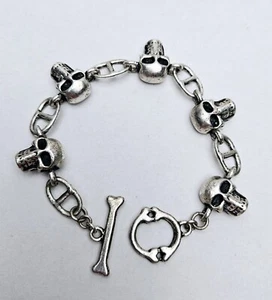 Vintage Sterling 925 - 52g Gothic Biker Skull-Bracelet Bones Toggle. 8" - Picture 1 of 5