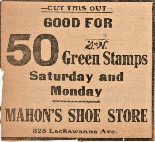 1913 - SELLOS VERDES S&H - ZAPATERÍA MAHON - TRIBUNA SCRANTON - ANUNCIO REPUBLICANO Foto 1 de 1