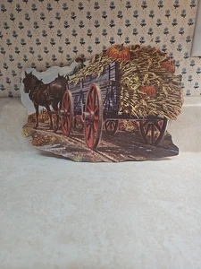 Vtg Fall Harvest Cardboard Die Cut Decor Farmer Horse Wagon Cornstalks Pumpkins - Picture 1 of 4