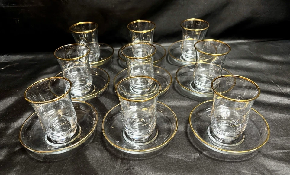 Set of 9 Vintage Pasabahce Turkish Tea Cup & Saucer Sets with Gold Rim - Image 1 of 4