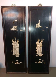 Vintage Orientalisch Asiatisch Geisha Mädchen Speckstein Schwarz Lack Wandpaneele 2er Set - Bild 1 von 22