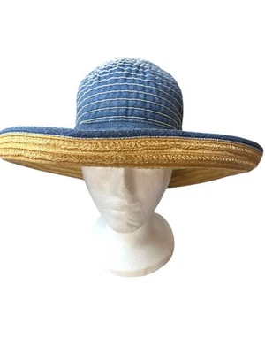 Sombrero para el sol Scala Collezione ala ancha natural paja y mezclilla resort de playa costero Foto 1 de 4