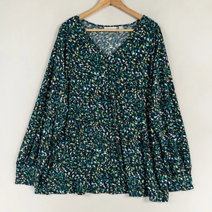 Susan Graver Shirt Top Blouse 2X Teal Blue Print Liquid Knit Long Sleeve - Picture 1 of 8
