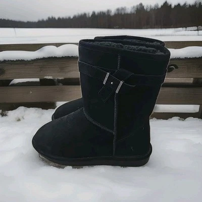 BEARPAW новый с Ярлыками Val икры замшевые ботинки Womams Sz 9 черный комфорт меха/шерсти с подкладкой - Изображение 1 из 4