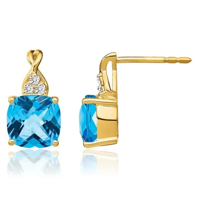 14K Solid Yellow Gold Swiss Blue Topaz Diamond Dangle Earrings - Image 1 of 4