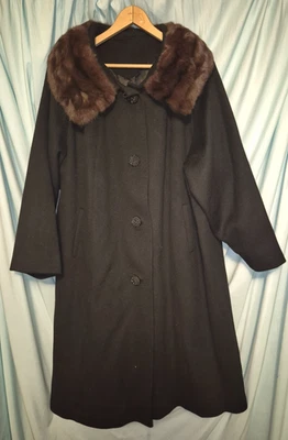 Lorna Lee Solid Black Fur Collar LS Wool Long Winter Coat Size 2X/3X VTG - Image 1 of 4