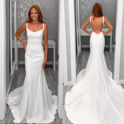 Satin Mermaid Wedding Dresses Square Neck Backless Sweep Train Bridal Gowns - Image 1 of 4