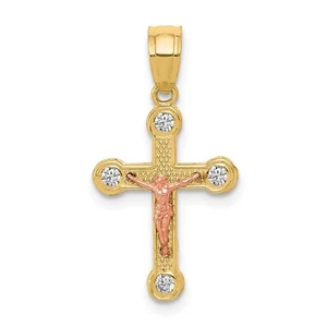 10k Two Tone Gold Cubic Zirconia CZ Small Size Crucifix Pendant Cross Charm - Picture 1 of 3