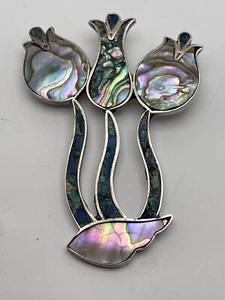 Signed Taxco Beto 3" Sterling Flower Brooch Stone And Paua Shell - Picture 1 of 7