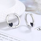 Black Heart Round Hoop Huggie 925 Sterling Silver Earrings Womens Jewelry Gift