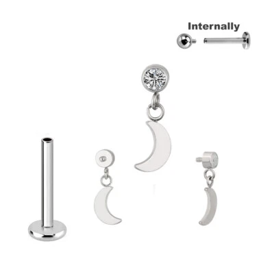 1,2mm Titan Kristall mit Mond Ohr Helix Lobe Piercing Labret Innengewinde Silber - Bild 1 von 2