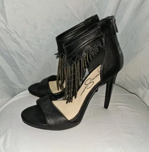 Jessica Simpson Reiko Studded Fringe Platform Heels Sandal Leather Black Sz 8.5 - Picture 1 of 4