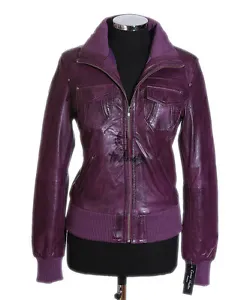 Ladies BROOKLYN Purple Bomber Style Real Waxed Lambskin Leather Designer Jacket - Picture 1 of 11