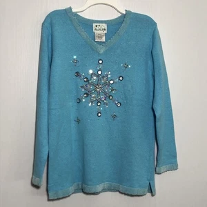 Quacker Factory Sweater Womens Small Blue Snowflake Christmas Granny Sparkle New - Picture 1 of 9