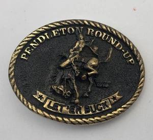 Vintage 70s Rodeo Belt Buckle Pendleton Round Up Let'er Buck Oregon Bronze Small - Picture 1 of 6
