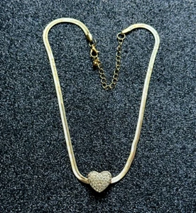 PH100 ELEGANT GOLD TONE CRYSTAL HEART HERRINGBONE CHOKER CHAIN NECKLACE - Picture 1 of 1