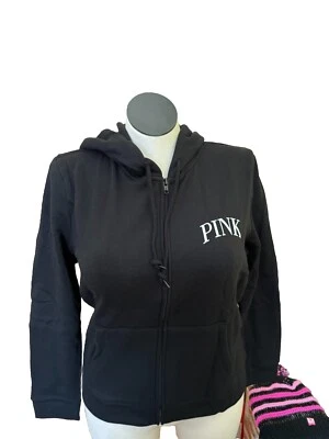 Victoria's Secret Nuevo Con Etiquetas XL Sudadera Negra Con Capucha Blanca ROSA Logo Cremallera Chaqueta Foto 1 de 4