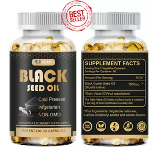 Black Seed Oil Capsules 120 Count Softgels -Premium Cold Pressed Non-GMO 1000mg - Picture 1 of 9
