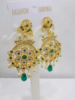 Sehr schöner Jadau vergoldeter RajPuti Ohrhänger mit Perle, Smaragd - Bild 1 von 4