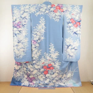 Kimono Furisode seta floreale blu 66,5 pollici donna - Foto 1 di 23